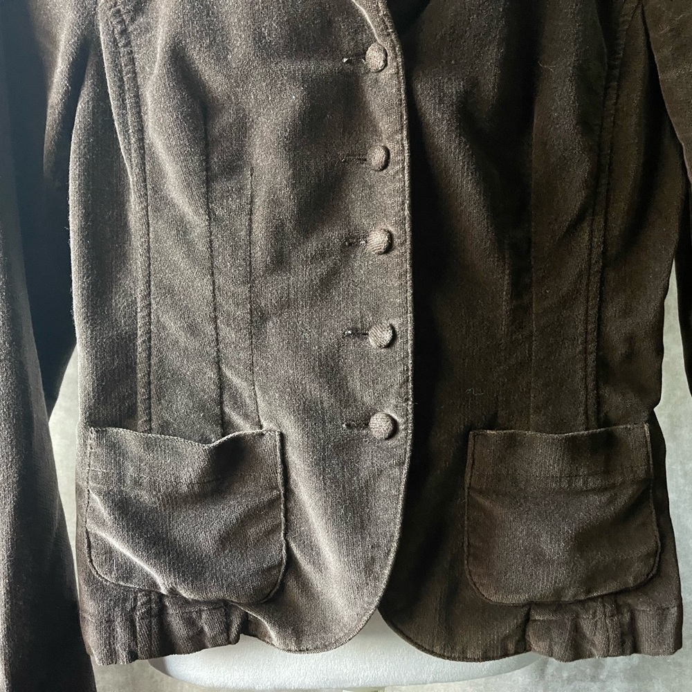 Brown Blazer Women XS Ruffle Collar Button Front Jacket Vintage Style - Picture 4 of 6